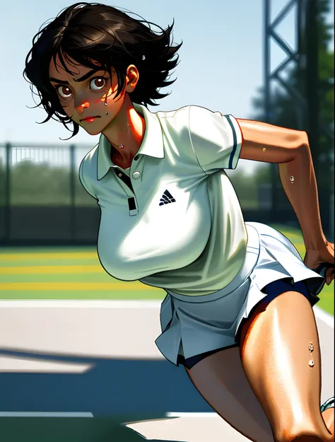 1girl, solo, white polo shirt, white sneakers, tennis wear, white mini skirt, masterpiece, best quality, realistic, ultra-detailed, (shiny skin, sweating: 1.4), ridiculous, looking at the audience, short black hair, brown eyes, slender, dynamic light and s...