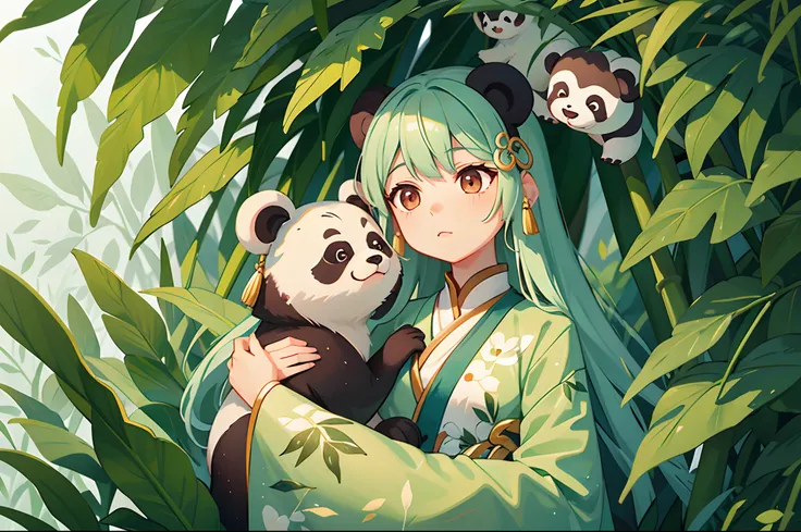 white backgrounid，Under bamboo leaves, The panda sits on a branch，（bit girl：1.5），green and white clothes，big beatiful eyes，detailed face with，Flashy clothes，Ethereal panda，Chinese Panda，Dreamy，Onmyoji detailed art，A beautiful artwork illustration，mythologi...