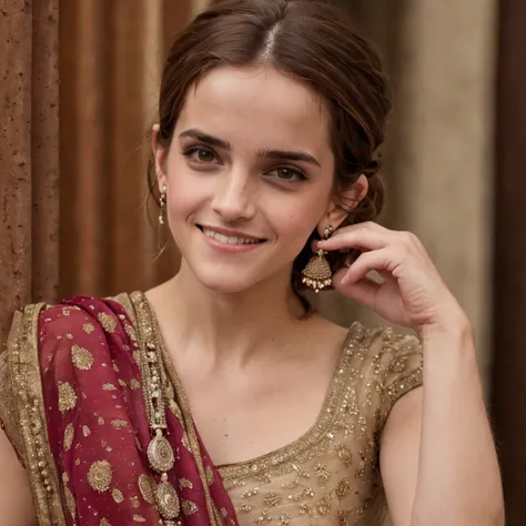 "Emma Watson, in her 30s, donning an exquisite Indian saree, showcasing intricate details from head to toe. She radiates a charming smile with a hint of shyness, accentuating every facet of her beauty, adorned with elegant jewelry."