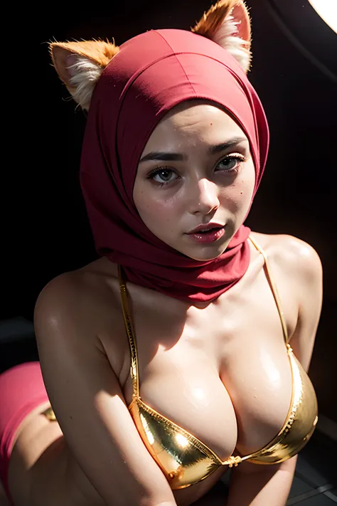 realistic 、top-quality、Cats ears, Pink hijab,  Short hijab、Saliva,Heart shaped pupils , Gold PVC Bikini ,Big breasts、all-fours, professional lighting,