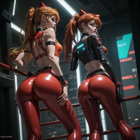 ((Asuka Langley Shikinami)), ((pantalones de vinilo rojo brillante)), (((pantalones metidos por el))),(), We see it from behind, Uso de un walkman, agachada apoyando sus brazos en una barandilla de un edificio cyberpunk, Ambiente cyberpunk, Vemos su de cer...