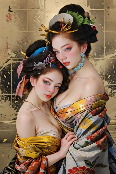 split-colored hair、ichiro、 1girl in, 独奏, blue eyess, A dark-haired, hair adornments, Hugged, cleavage of the breast, middlebreasts, florals, Komono, Kimono, off shoulders, manicure, makeup, lipsticks, Yellow background, red claw, eyeshadows, florals, hair ...