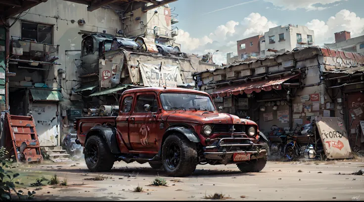 there is a red truck parked in front of a building, restomod, ford model t, classic cars, black steel with red trim, classic car, red car, vintage cars, desktop background, vehicle photography, vintage car, three-quarter body, 1927, 1 9 2 7