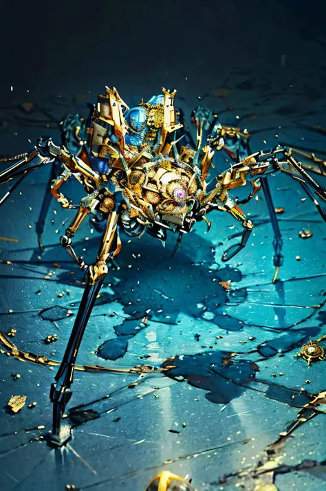 there is a spider that is sitting on the ground, Mechanical spider legs, aranha steampunk, Barlowe 8K altamente detalhado, exoesqueleto ornamentado, steampunk robot scorpio, steampunk robot ant, Directed by: Adam Marczyński, full of insect robots, rsrs, in...