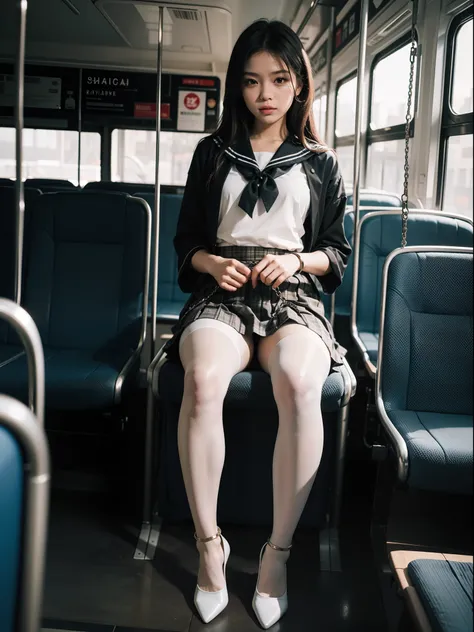 (full body:1.5)，((girl):1.4),(view the viewer:1.4)，(anatomy correct:1.3),(Sitting on a bus:1.2),(A Brown and tan Sailor suit and checkered high waisted pleated skirt :1.2),((white Pantyhose):1.32),( girl pointed thick heels :1.1)，((Metal shackles and handc...