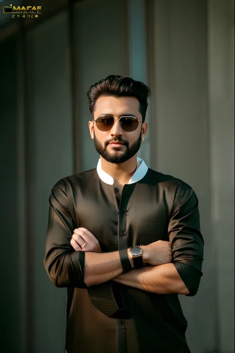 araffe man in black shirt and sunglasses posing for a picture, kyza saleem, portrait shot 8 k, high quality portrait, handsome man, 2 d render, with a beard and a black shirt, very attractive man with beard, edited in photoshop, a handsome man，black short ...