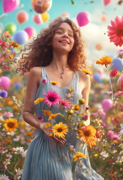 A girl holding flowers, colorful balloons floating in the sky, meadow, dancing, holding flowers, happy, happy, perfect quality, clear focus (clutter-home: 0.8), (masterpiece: 1.2) (Realistic: 1.2) (Bokeh) (Best quality) (Detailed skin: 1.3) (Intricate deta...