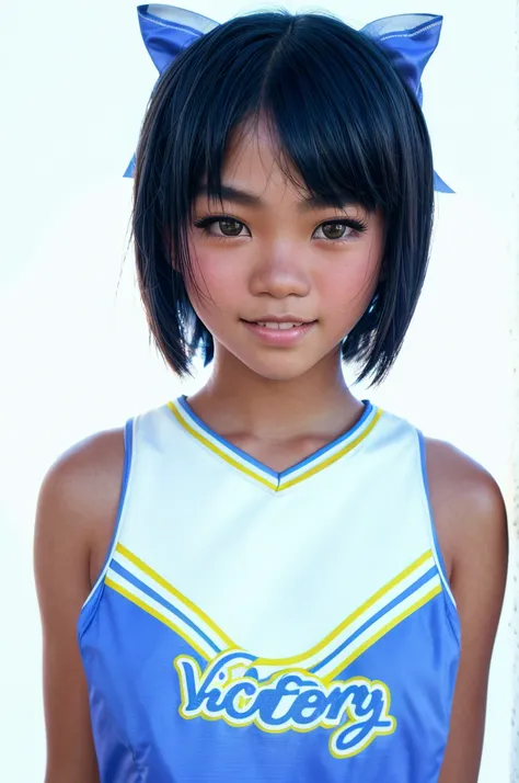 lifestyle photography photo of a filipina teen in a cheerleader uniform, hair bow, (dark skin), bob haircut, smile,looking at vi...