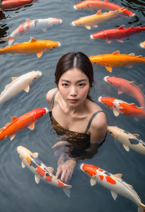 Portrait Photography of an individual, with expressive eyes, amidst a swarm of colorful Koi fish, in a wooden boat on a calm pond, emphasizing the symbiotic relationship of coexistence, close-up with a shallow depth of field, dappled sunlight creating a me...