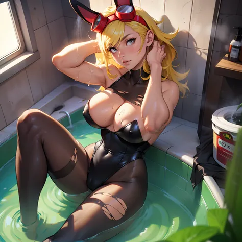 solar_flare_(plants_vs_zombies_heroes), masterpiece, best quality, 1girl, solo, goggles, blonde hair, goggles on head, breasts, dark skin, dark-skinned female, navel, Big Breasts, Voluminous Breasts, Lush Breasts, spiked hair, black eyes, looking at viewer...