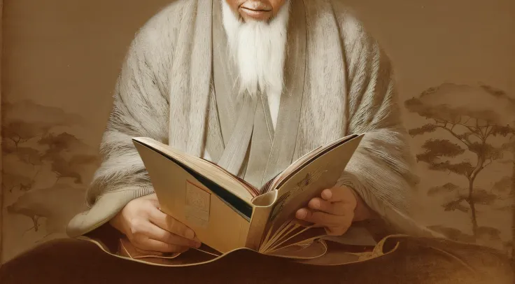 There was a man holding a book，There is a picture of a man on it, ancient japanese monk, book portrait, detailed book illustration, book illustrations, intense knowledge, inspired by Kōshirō Onchi, inspired by Fu Baoshi, inspired by Yoshitoshi ABe, ancient...