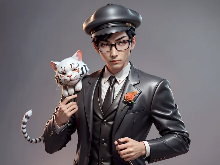 Young man with oriental face in leather hat, tiger, oriental face in formal suit, short black hair, silver glasses, digital painting, 3D character design by Mark Clairedon and Pixar and Hayao Miyazaki and Akira Toriyama, the illustration is a high-definiti...