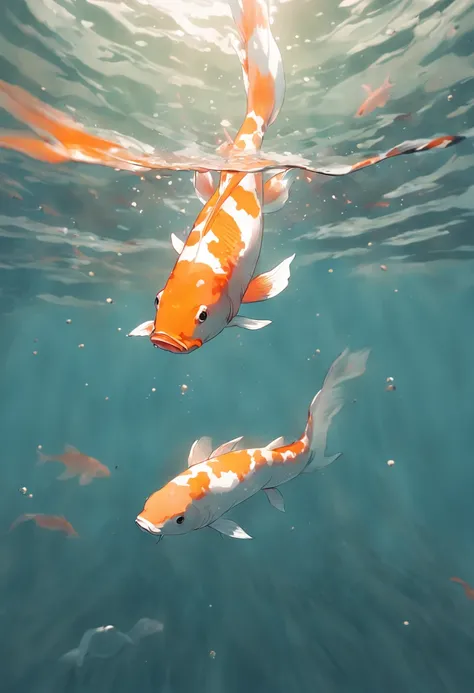 Underwater Photography of shimmering Koi fish, swimming gracefully around an individuals outstretched hand, within the translucent waters of a rock-bordered pond, presenting a dance of trust and beauty, wide-angle shot displaying the expansive aquatic canv...