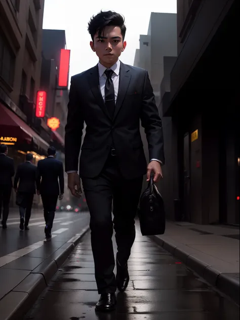 This boy wearing black suit with a red tie, walking on the street at night, 8k uhd, soft dslr blur, using Photoshop, lightroom