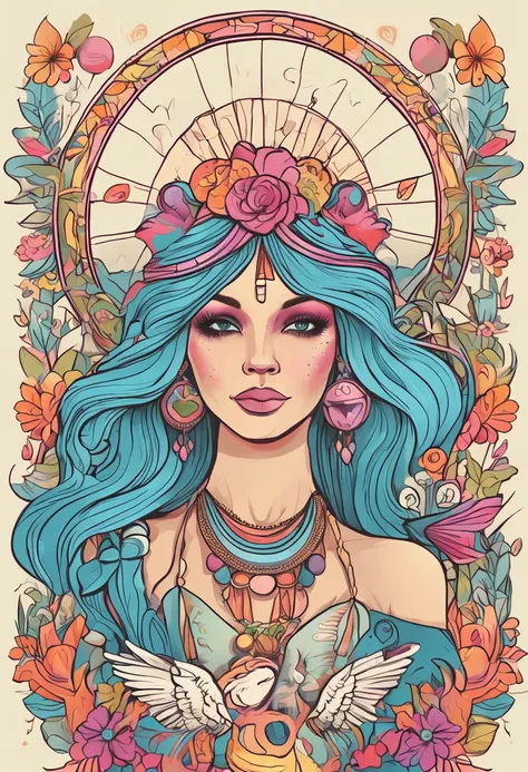 There was a woman with a peace sign and a dove, goddess of love and peace, Hippie girl, jen bartel, peace and love, brittney lee, amy sol in the style of, hippy, 1960s fancy hippie, beautiful retro art, colorful illustrations, Girl with blue hair, inspired...