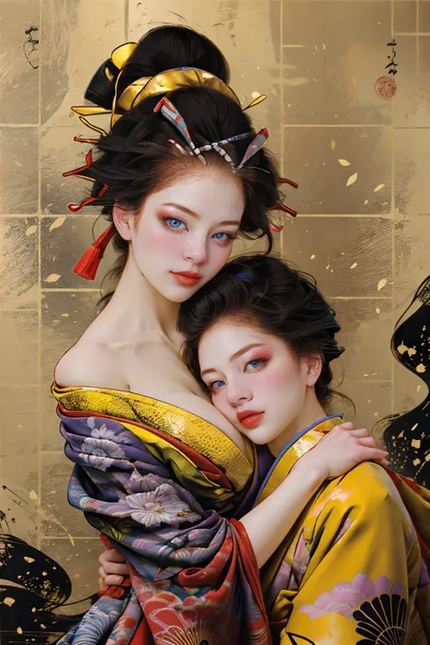 split-colored hair、ichiro、 1girl in, Cowboy Shot、独奏, blue eyess, A dark-haired, hair adornments, Hugged, cleavage of the breast, middlebreast, Clean curves、florals, red japanese clothes, kimono, off shoulders, manicure, makeup, lipsticks, yellow background...