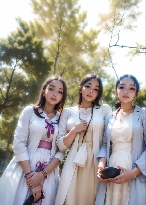 Close-up of faces, 3 girl，happy，Delicate face，Smooth skin, ( bokeh, Out of Focus, Soft Lighting, God Ray, UHD)