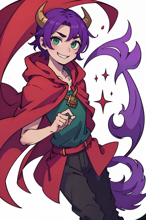 Boy with purple hair、short-hair、Green eyes、Devils horns and tail、((Deformed))、A smile、red cloak、Composition that reflects the whole body、White background