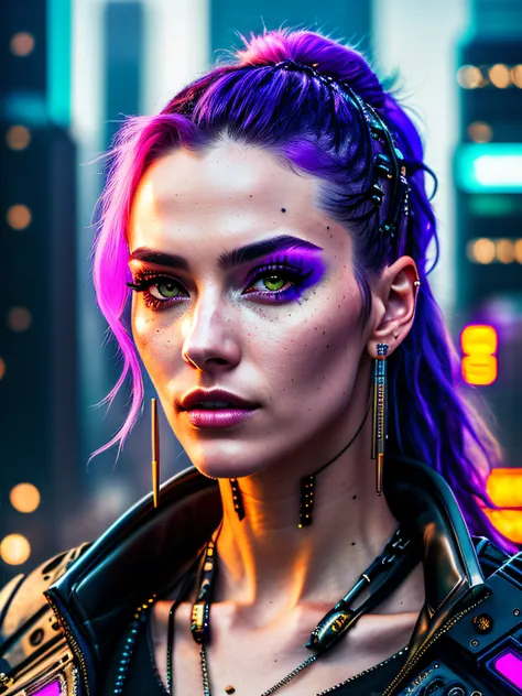 modelshoot style, 20yo cyberpunk woman in a futuristic cyberpunk city, intricate, scifi, futuristic, feminine face, detailed eye...