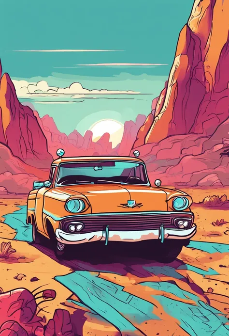 Stylized psychedelic cartoon art: stylized retro sports car on a trailer being pulled by a pickup truck digging in to pull, in the desert, day time