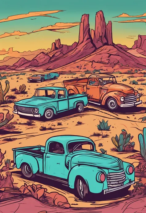 Stylized psychedelic cartoon art: stylized retro sports car on a trailer being pulled by a pickup truck digging in to pull, in the desert, day time