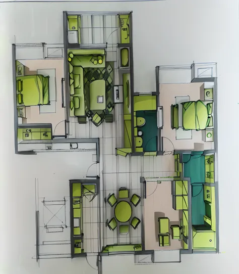 Drawings of the living room and kitchen, residential design, apartment design, architectural planning, colorful architectural drawing, Architectural plans, floor plan view, apartment set in the near future, interior design architecture, author：Beta Vukanov...