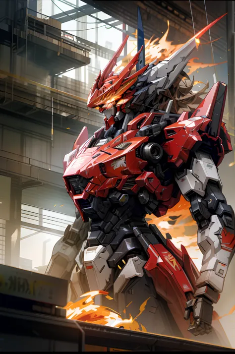 There is a flame on the head，Arafeld robot with a sword in his hand, mecha art, cool mecha style, female mecha, modern mecha anime, Alexander Ferra Mecha, mecha asthetic, mecha anime, High quality digital concept art, Mecha Inspiration, Red mech, Mecha sui...