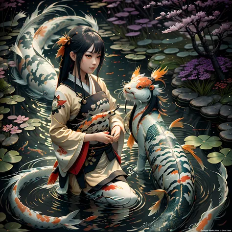 (koi fish and girl), the pond, garden, illustration, cinematic light, high resolution, best quality, ultra detailed, masterpiece...