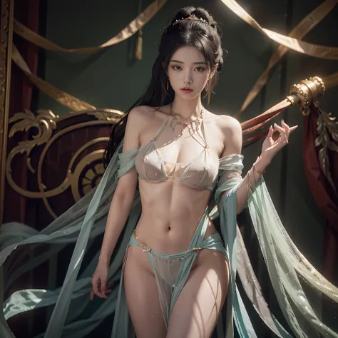 Best quality at best，tmasterpiece，Very detailed details，A high resolution，8K，Complicated details，realisticlying，Photorealsitic，dramatic  lighting，full bodyesbian，1girll，dunhuang_clothes，dunhuang_dress，Exposed clothing，being thin，Large breasts，jewely，hair a...