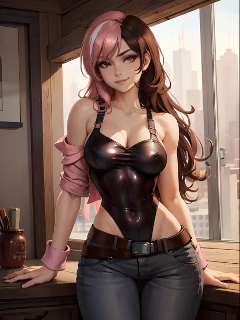 (Masterpiece, Best Quality:1.2), Cowboy shot, 独奏, 1girl, Neapolitan, Smile, closed mouth, looking a viewer, Heterochromia, Brown eyes, pink eyes, Average Breasts, leotard, pants, wide thighs, belt, big butt, Erotica