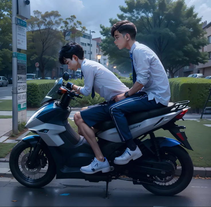 A boy wear a tie with blue or black suit sitting on the street lamp