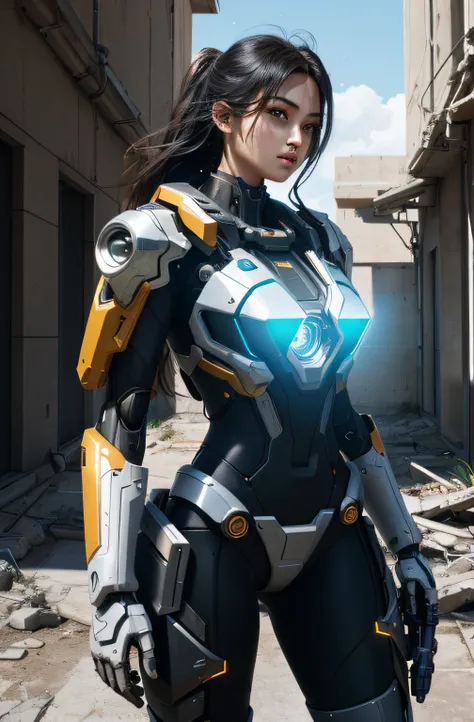 ((Best quality)), ((masterpiece)), (highly detailed:1.3), 3D,Shitu-mecha, beautiful cyberpunk women with her mecha in the ruins of city from a forgoten war, ancient technology,HDR (High Dynamic Range),Ray Tracing,NVIDIA RTX,Super-Resolution,Unreal 5,Subsur...