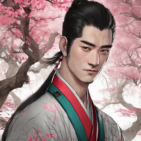 Wu Danfeng，bushido，The upper part of the body，Black coil hair，Simple hairpin，Cold eyes，solo person，orthofacial，frontage，Peach blossom background，Saturated colors，ultra-realistic realism，8K high resolution，holding a longsword，Absolutely beautiful，Highlight，...