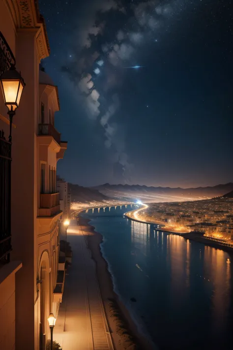 Muscat City Background, Night View, Stars, Meteors, Street with Lamps