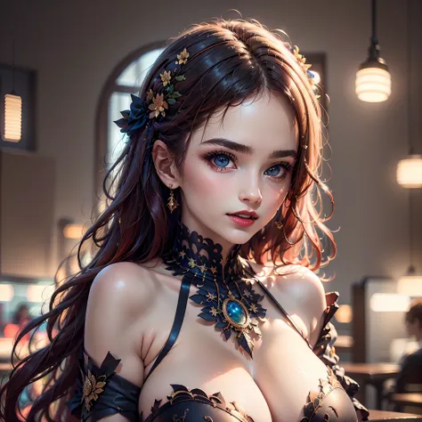 1 beautiful young girl, Super beautiful detailed face, (Slightly open mouth, sexy look:1.1), (Beautiful big breasts:1.3), (Slender body:1.2), (super stylish dress with wide open breasts:1.5), bare breasts, pubick hair, cameltoe details, (Fine face:1.2), ac...