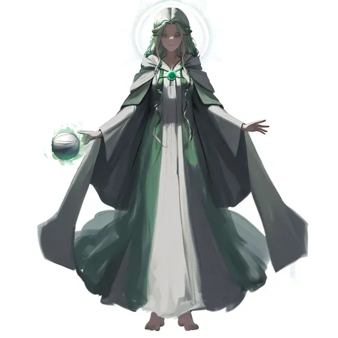 woman in green cloak and white dress holding ball, flowing magic robe, flowing robe, astral witch clothes, wearing flowing robes...