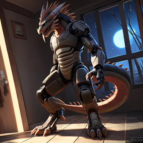 An advanced bionic mech, cybrog, anthro, dragon, male, full body, Delicate face, Delicate eyes, 1 tail, (glowing LED), energy, digitigrade,Standing on the tiles in the apartment， extremely detailed CG unity 8k wallpaper, realistic, masterpiece, highest qua...