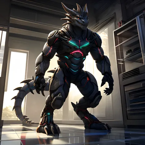 An advanced bionic mech, cybrog, anthro, dragon, male, full body, Delicate face, Delicate eyes, 1 tail, (glowing LED), energy,sandals， digitigrade,Standing on the tiles in the apartment， extremely detailed CG unity 8k wallpaper, realistic, masterpiece, hig...