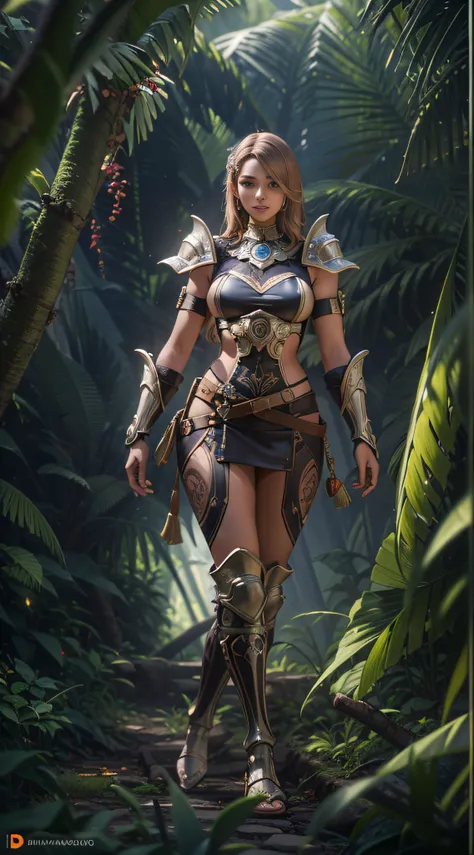 Full body Perfect beautiful sexy Princess Warrior Amazon 20- year- old, walking in the jungle, perfect composition, perfect face, eyes framed in its contour, centered image, ultra detailed, wide angle, octane render, volumetric lighting, broken glass, intr...