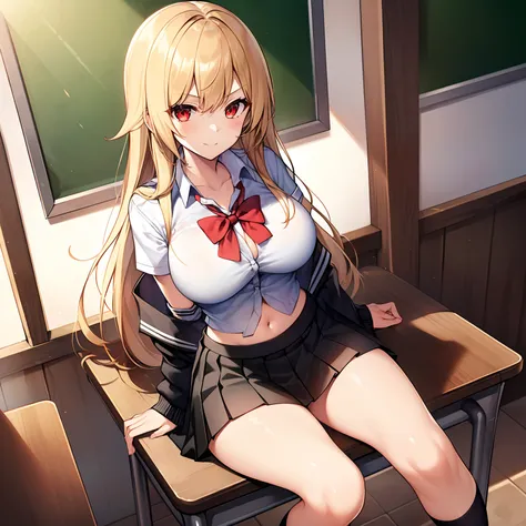 1girl in, Solo, perfect bodies, (top-quality:1.5), masutepiece, nffsw、Shaders、Brilliant Textured Work、hi-school girl、a blond、(Black School Uniform:1.5)、(Black flared skirt:1.5)、Navel、Attractive red eyes、An inviting smile、Sitting at a desk、Skinny Legs、You c...