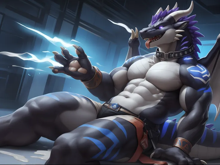 Solo, Male, (Muscular), sacrifices, (male anthro wolf):1.3, White flesh，nakeness，divinity，Numbered collar，High-quality experimental products，Kingly momentum，Evil God (Kamimei):1.3, (komono:1.4) (DOA):1.23, Detailed eyes, lizard tail,A pair of dragon horns,...