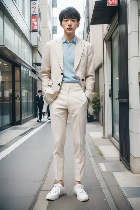 portrait of 20 year old japan man in street style. he wears a lightweight tailored suit appropriate for spring and summer, combi...