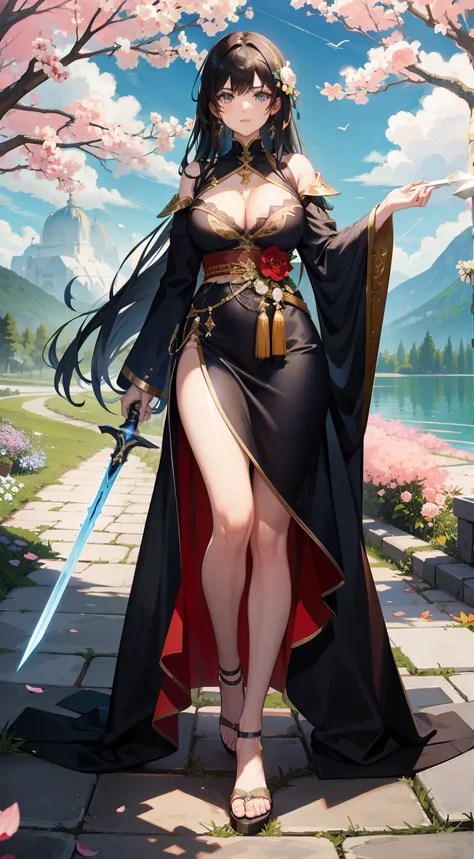 Pretty face, glowing sword, large breasts, cleavage, beautiful