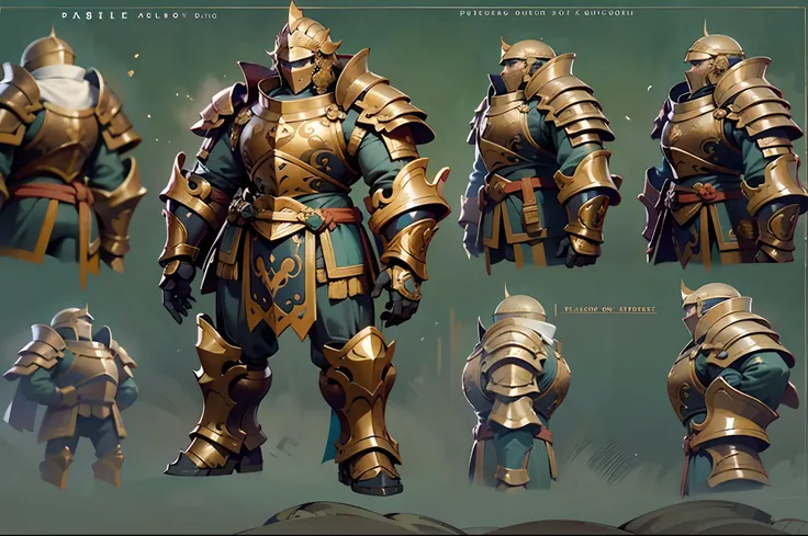 Game character design，holy paladin，Quaint and heavy armor wraps the entire body，shelmet，Holding a stout and ornate scepter，heavy boots，（Full-body side：1.4），Lateral face，solid color backdrop，clean backdrop，depth of fields，high light，Real light，Ray traching，...