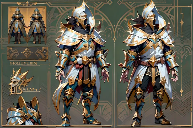 game character design，holy paladin，quaint and heavy armor wraps the entire body，shelmet，holding a stout and ornate scepter，heavy...