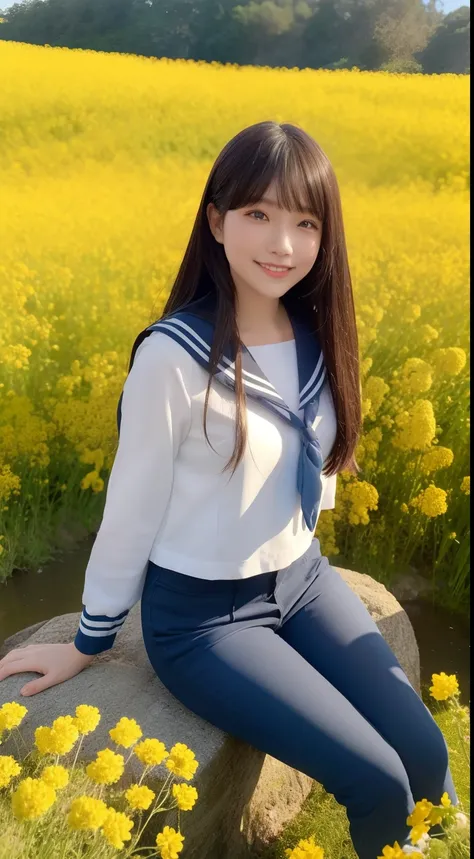 A smiling girl，Wear a tight sailor suit，denim pant，Sitting on a large mossy rock in the middle of a field of canola flowers，There is a river next to it，com rosto detalhado，The eyes are delicate，The photo quality is the best，Realistic image quality，Backgrou...