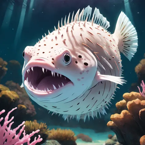 huge puffer Fish with ghostly white scales, fierce fangs, and a long pink tongue, Masterpiece, Best Quality