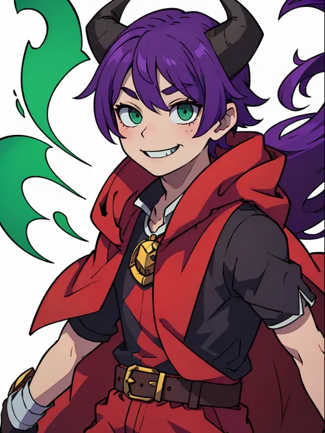 top-quality、((Deformed))、Boy with purple hair、Green eyes、demonic horns、A smile、red cloak、Composition that reflects the whole body