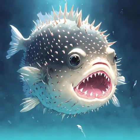 huge puffer Fish with ghostly white scales, fierce fangs, and a long pink tongue, Masterpiece, Best Quality