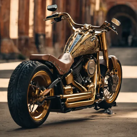 Harley-Davidson Fat Boy，golden colored，Retro，madmax ,The mechanical feel is full，Form in the desert